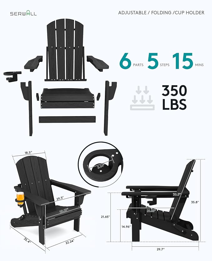 SERWALL Folding Adirondack Chair Set of 2, Adjustable Adirondack Chair with 3 Recline Positions, All Weather HDPE Outdoor Adirondack with Cup Holders, Black