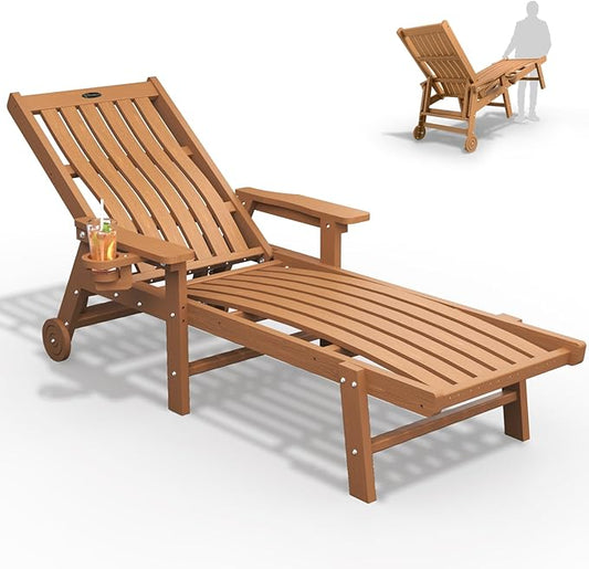 THOEOE Patio Chaise Lounge Chair, Oversized Lounge Chair Outdoor with 5 Positions, HDPE, Patio Lounge Chair with Wheels & Cup Holder for Pool, Deck, Poolside,Wood