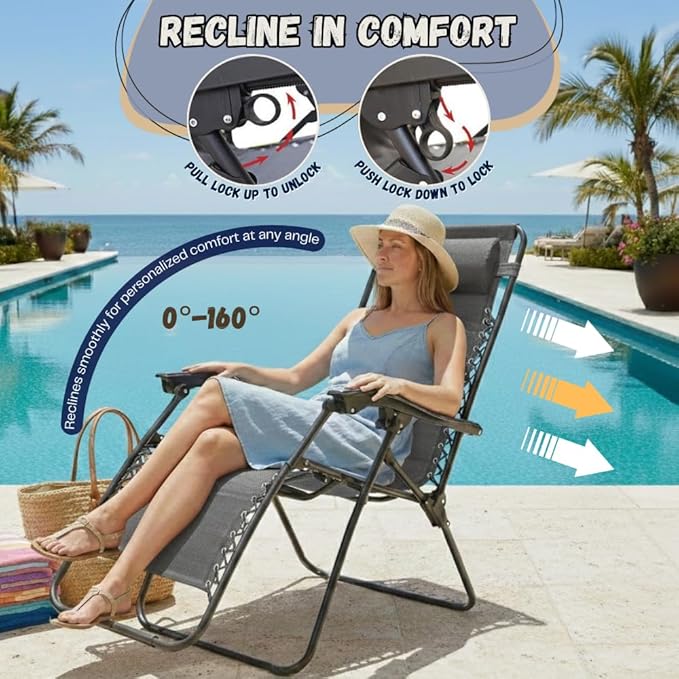 EZONE 1 - Chair Zero Gravity Lounge Chair Outdoor Adjustable Reclining Patio Chair Steel Mesh Folding Recliner for Pool Beach Camping Lounge Chair with Pillow and Cup Tray (1, Grey)