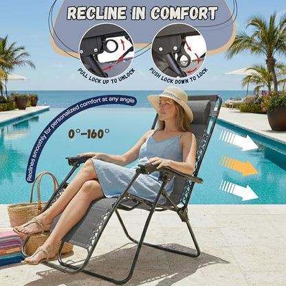 EZONE 1 - Chair Zero Gravity Lounge Chair Outdoor Adjustable Reclining Patio Chair Steel Mesh Folding Recliner for Pool Beach Camping Lounge Chair with Pillow and Cup Tray (1, Grey)