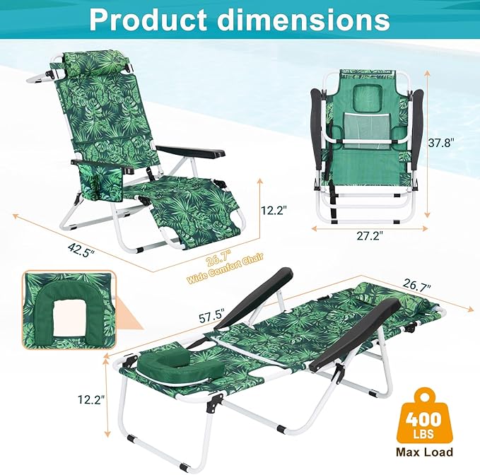 MOPHOTO Oversized Beach Lounge Chair, 5-Position Adjustable Tanning Chair with Face Hole, Heavy Duty Folding Chaise Lounge for Beach, Pool, Patio & Sunbathing
