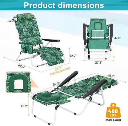 MOPHOTO Oversized Beach Lounge Chair, 5-Position Adjustable Tanning Chair with Face Hole, Heavy Duty Folding Chaise Lounge for Beach, Pool, Patio & Sunbathing