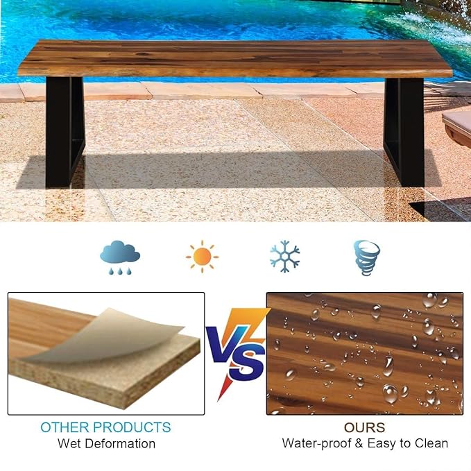 HAPPYGRILL Acacia Wood Patio Bench Set of 2, Dining Picnic Bench with Metal Frame, 57.5" Wood Bench for Indoor Outdoor Garden Backyard Lawn