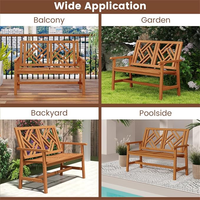48 Inch Solid Hardwood Garden Bench, 2-Person Outdoor Wood Patio Loveseat with Geometric Backrest and Contoured Seat, Heavy Duty Porch Furniture for Backyard and Balcony, 660 lbs Capacity