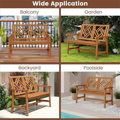 48 Inch Solid Hardwood Garden Bench, 2-Person Outdoor Wood Patio Loveseat with Geometric Backrest and Contoured Seat, Heavy Duty Porch Furniture for Backyard and Balcony, 660 lbs Capacity