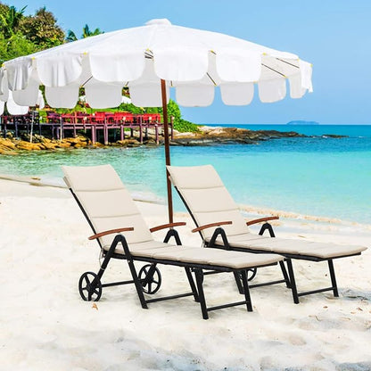 Tangkula Foldable Outdoor Chaise Lounger, Wicker Lounger Chair with Aluminum Black Frame, Wheels for Easy Moving, 7-Position Adjustable Cushioned Rattan Chaise for Poolside, Garden, Balcony and Patio