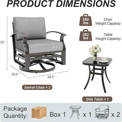 Gotland 3 Piece Patio Set, Metal Outdoor Swivel Chairs Set of 2 with 5.1’’ High-Resilience Seat Cushions Tempered Glass Coffee Table Removable Cushions for Backyard, Lawn, Porch, Grey