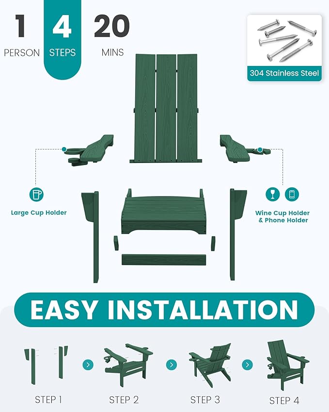 SERWALL Modern Adirondack Chair, Folding Adirondack Chair with Dual Cup Holders - Photo 5