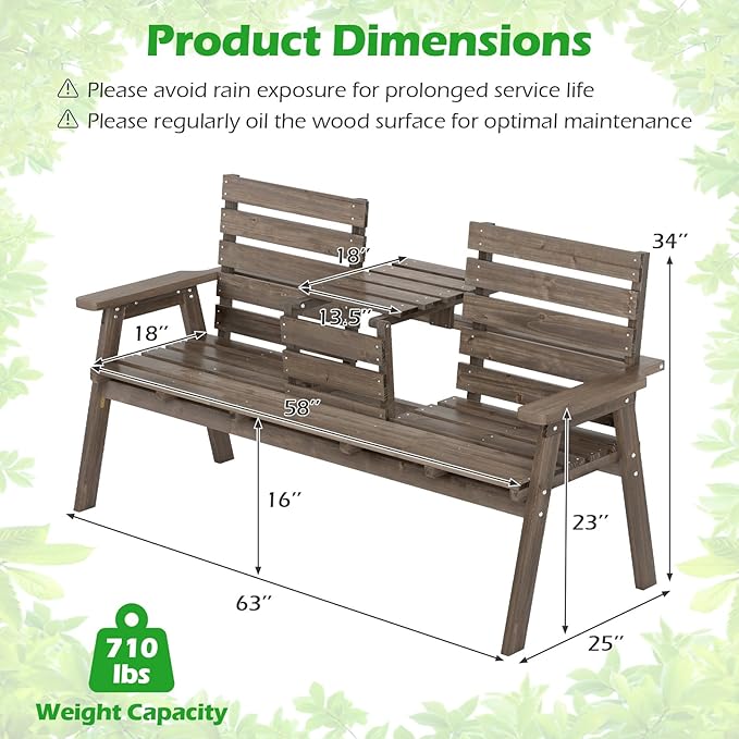 HAPPYGRILL Outdoor Fir Wood Bench with Foldable Middle Table, 2-3 Person Patio Garden Bench with Armrests and Backrests, Wooden Loveseat Chair with 710lbs Capacity (Coffee)
