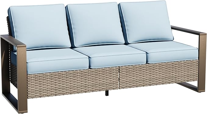 75" Patio Metal Wicker Sofa, All Weather Outdoor Rattan 3-Seat Sofa Couch with Premium Cushions & Rectangular Framed - Photo 1