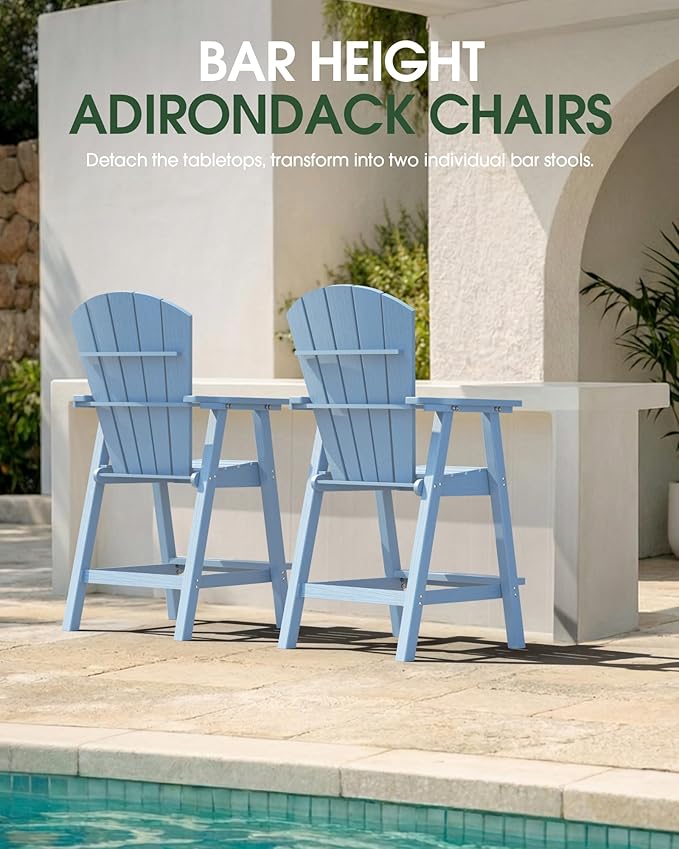 Tall Adirondack Chairs Set of 2, HDPE High Adirondack Chairs with Double Removable Trays, All Weather Outdoor Barstools for Patio, Balcony, Backyard, Deck and Garden, Baby Blue