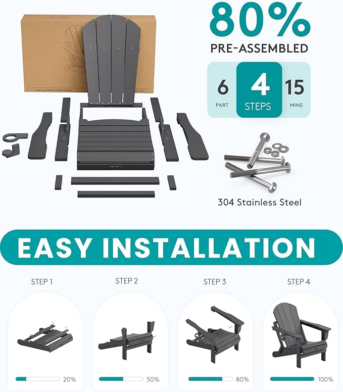 SERWALL Folding Adirondack Chair with Cup Holder Set of 2, All Weather Adirondack Chairs - Photo 5