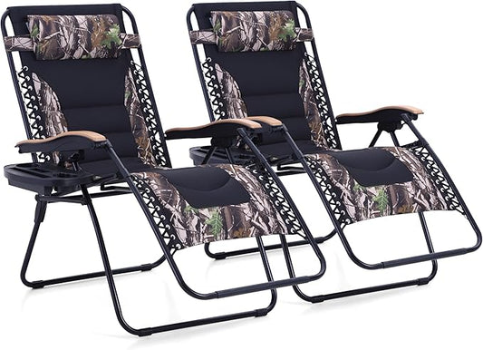 MAISON ARTS Oversized XXL Padded Zero Gravity Lawn Chairs Set of 2 Foldable Recliners Anti Gravity Lounge Chairs 30" Wide Seat Outdoor Camp Chairs for Poolside Yard,Support 400lbs, Camouflage