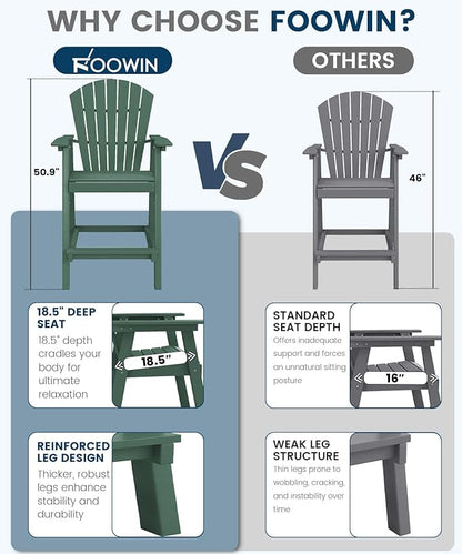 FOOWIN Tall Adirondack Chair Set of 2, All Weather HDPE Bar Height Adirondack Chair with Double Connecting Trays, Adirondack Barstools for Balcony, Deck, Backyard, Patio, Garden Dark Green