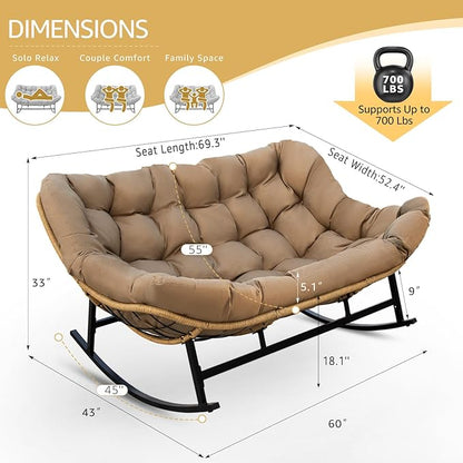 NICESOUL Patio Papasan Rocking Chair for 2, Indoor Outdoor Double Egg Recliner Rocker w/Padded Cushion, Large Wide Oversized Rattan Lounge Glider for Living Room Balcony Inside Outside, Brown