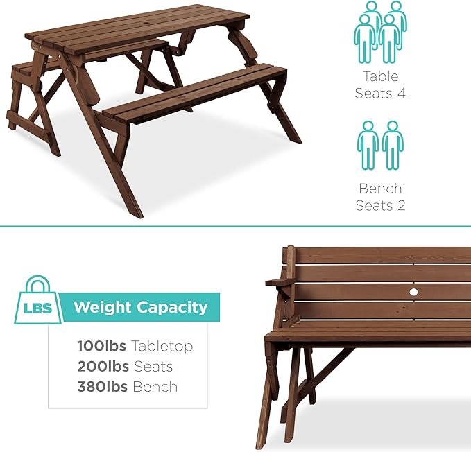 Best Choice Products 2-in-1 Transforming Interchangeable Outdoor Wooden Picnic Table Garden Bench for Backyard, Porch - Photo 6