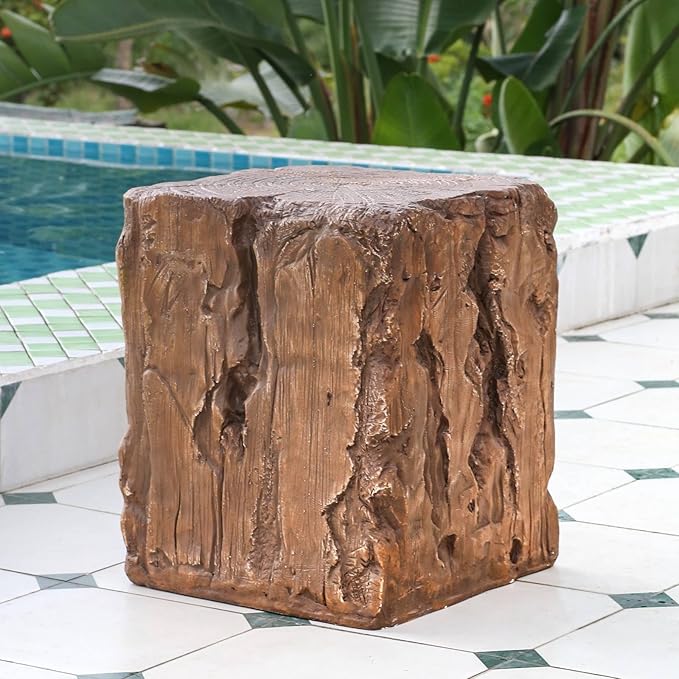 Outdoor Side Table, 15"x15" Tree Stump End Table with Realistic Wood Grain, Weather-Resistant Accent Table for Patio Garden Balcony, Rustic Brown Plant Stand & Drink Holder