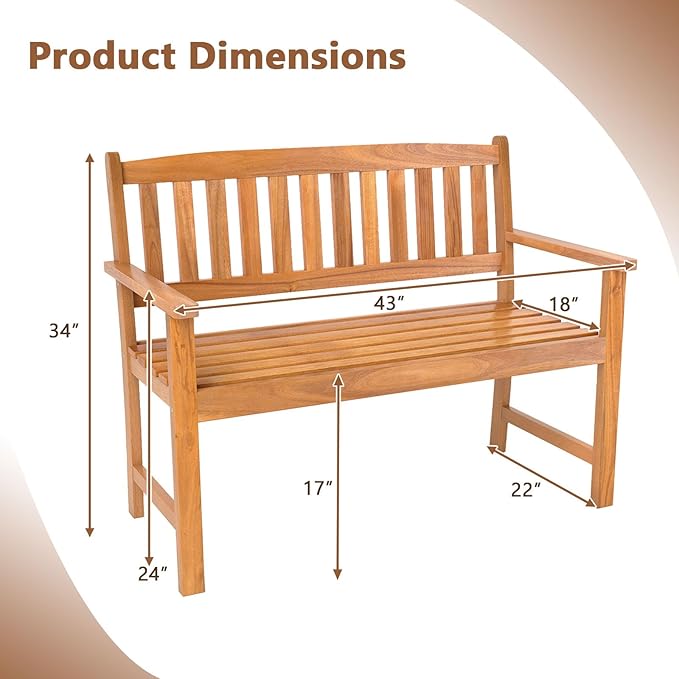 RELAX4LIFE Outdoor Bench Acacia Wood - 2-Person Garden Bench w/Backrest & Armrests, Slatted Wooden Patio Loveseat Chair for Front Porch Poolside Park Backyard, 800 LBS Weight Capacity (43'')