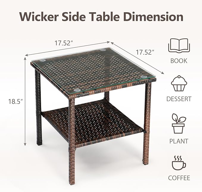 Outdoor Wicker Side Table,2-Layer Patio Rattan Garden Coffee End Square Table with Glass Top (Brown) - Photo 3