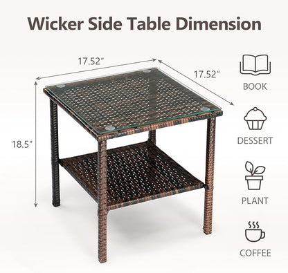 Outdoor Wicker Side Table,2-Layer Patio Rattan Garden Coffee End Square Table with Glass Top (Brown)