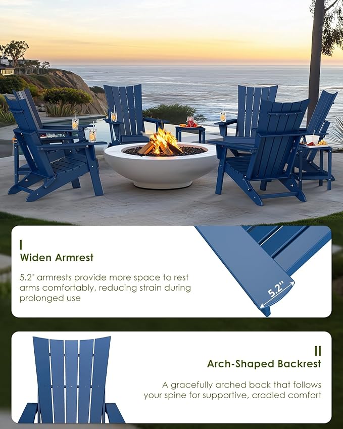 GREENVINES Folding-Adirondack-Chairs-Set-of-4 | HDPE Plastic | Arch Series | Fire Pit Chair | All Weather | for Outdoor Patio Deck Backyard Poolside | Blue
