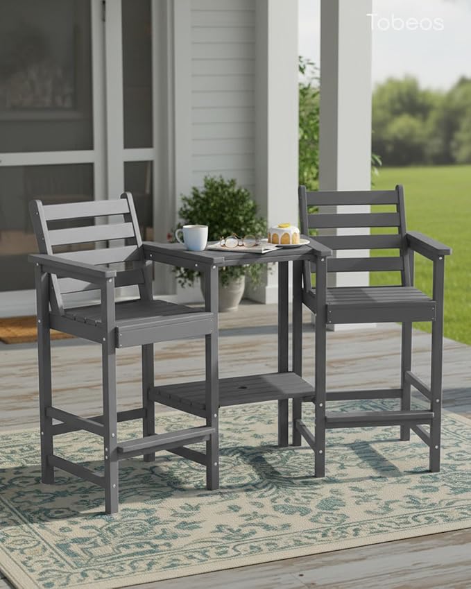 Tall Adirondack Chairs Set of 2, Bar Height HDPE Outdoor Chairs with Connecting Tray & Umbrella Hole, Balcony Patio Adirondack Chairs for Deck, Garden, Lawn (Gray)