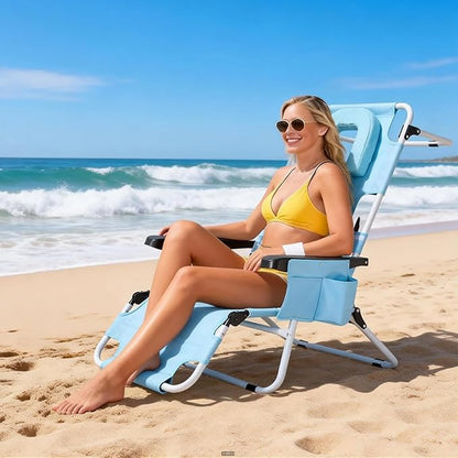 MOPHOTO Oversized Beach Lounge Chair, 5-Position Adjustable Tanning Chair with Face Hole, Heavy Duty Folding Chaise Lounge for Beach, Pool, Patio & Sunbathing