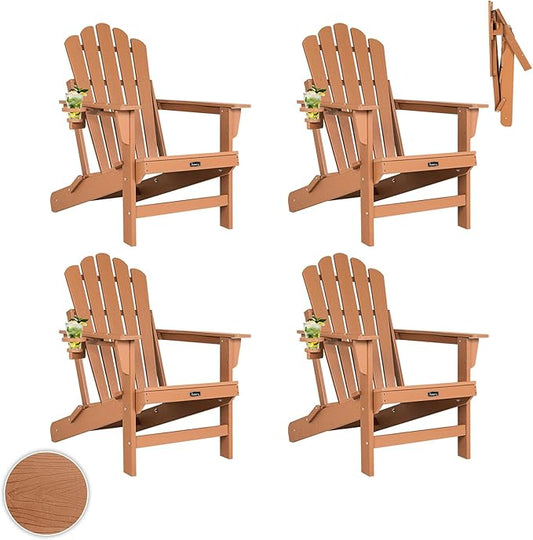 FUNBERRY Folding Adirondack Chairs Set of 4, All Weather HDPE Wood Texture Fire Pit Chairs with Cup Holder for Outdoor