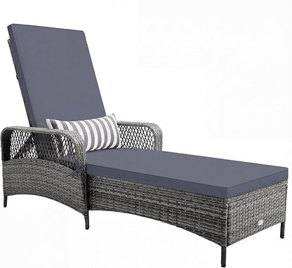 HAPPYGRILL Patio Rattan Chaise Lounge, Outdoor PE Wicker Sun Lounger with Adjustable Backrest, Cushion & Pillow, Reclining Sunbed for Balcony Poolside Yard (Mix Gray & Gray)