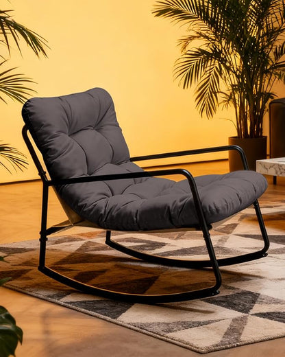 Outdoor Rocking Chair, Metal Patio Rocking Chair, Indoor Rocking Chair with Cushion, Papasan Rocking Lounge Chair, Comfy Modern Rocker Chair for Porch, Living Room, Garden, Lawn, Dark Grey