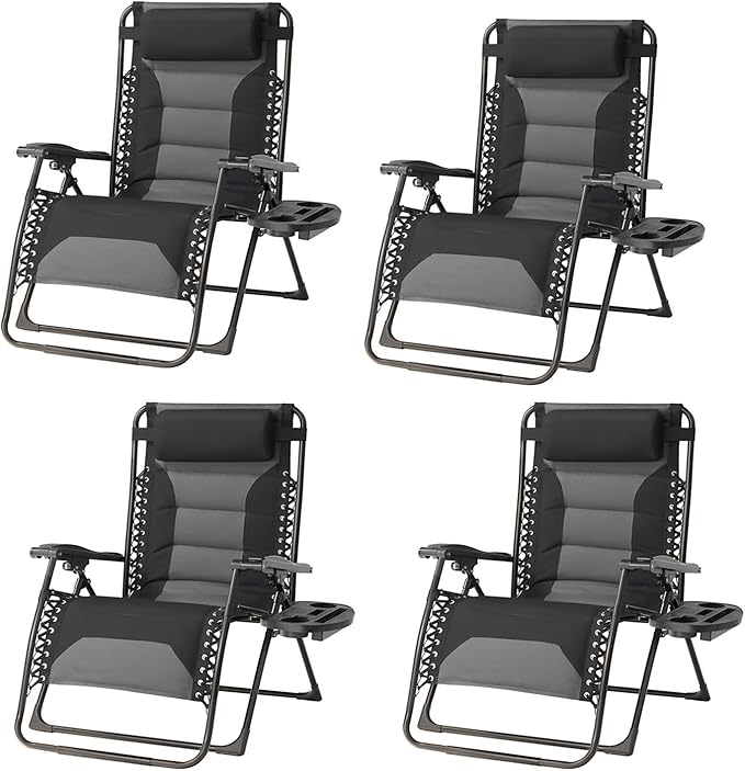 Zero Gravity Chair Set of 4 Oversized Padded Recliner with Adjustable Headrest & Cup Holder - 600D Oxford Folding - Photo 1