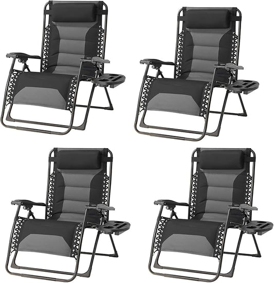 Zero Gravity Chair Set of 4 Oversized Padded Recliner with Adjustable Headrest & Cup Holder - 600D Oxford Folding Lounge Chair for Outdoor Camping, Patio, Poolside (Black & Gray)