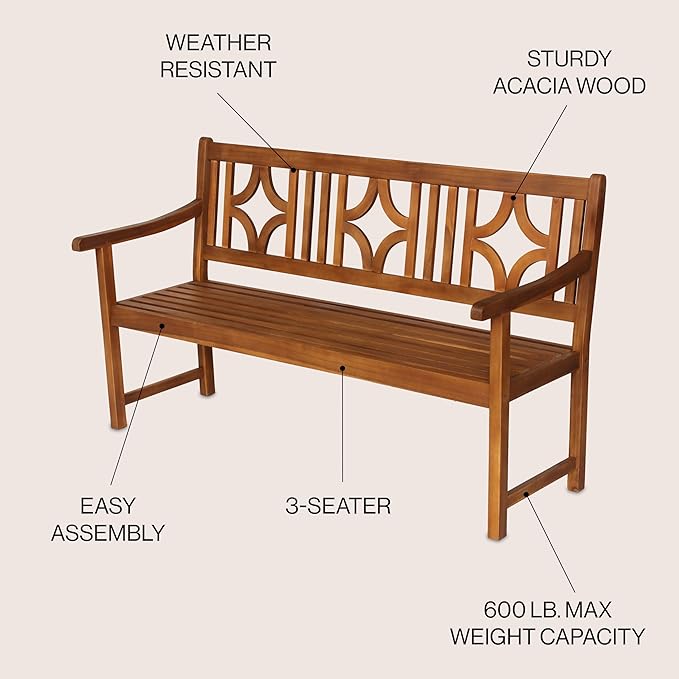 JONATHAN Y BNH100A Sloane 59.1" 3-Seat Ogee Diamond-Back 600-Lbs Support Acacia Wood Outdoor Garden Patio Bench for Garden, Lawn, Backyard, Pool, Deck, Beach, Firepit, Teak