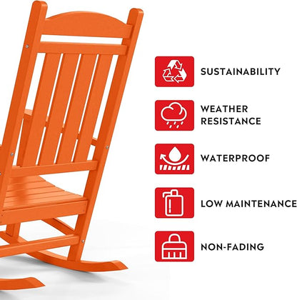 Costaelm Oversized Outdoor Rocking Chair, High Back Porch Rocker Chair, HDPE All Weather Resistant Outdoor Seating Furniture Wide Rocker Chair for Patio, Lawn, Garden, Orange