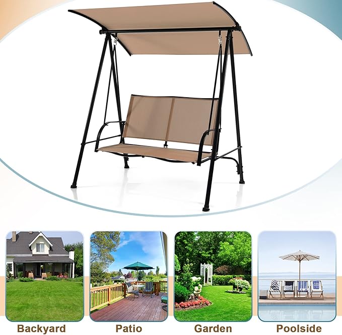 Tangkula 2 Person Porch Swing, Patio Swing with Adjustable Canopy, Comfortable Fabric Seat & Heavy-Duty Steel Frame, Outdoor Canopy Swing for Patio, Garden, Poolside (Beige)