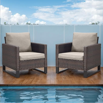 Rilyson Wicker Outdoor Patio Chairs Set of 2-2 Piece Rattan Chairs with Waterproof Wicker,Comfortable Cushions and Sturdy Metal Frame for Outside Porch Deck Backyard(Brown/Grey)