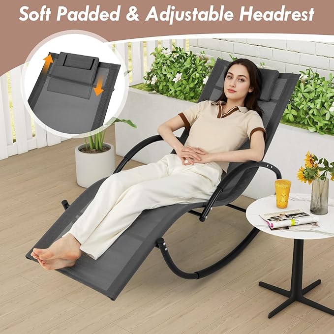Tangkula Rocking Lounge Chair Outdoor, Zero Gravity Chaise Lounger with Removable Headrest, Fabric Backrest & Seat - Photo 8