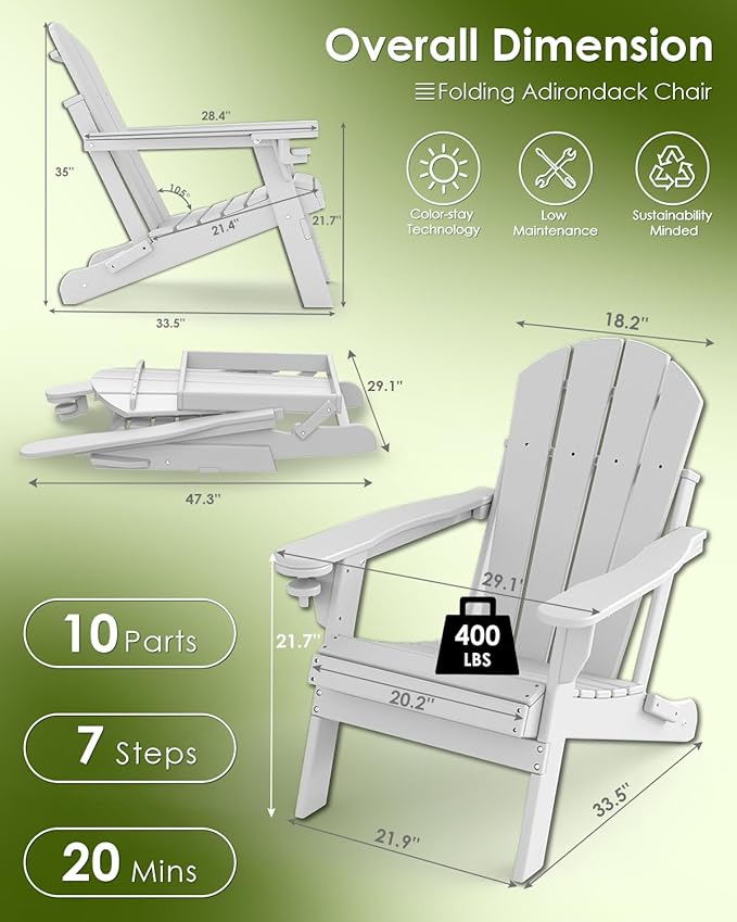 GREENVINES Folding-Adirondack-Chair | HDPE Plastic | Fire Pit Chairs | All Weather | Cup Holder | White - Photo 3
