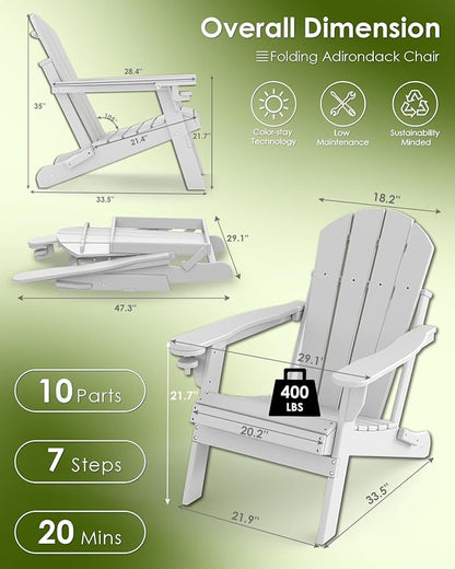 GREENVINES Folding-Adirondack-Chairs-Set-of-4 | HDPE Plastic | Fire Pit Chair | All Weather | Cup Holder | White | for Deck Backyard Patio Outdoor Garden