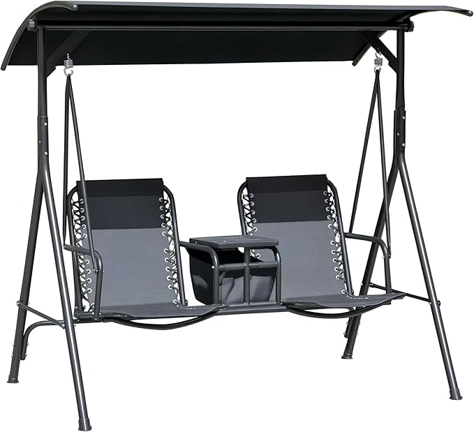 Outsunny 2-Seat Patio Swing Chair, Outdoor Canopy Swing Glider with Pivot Storage Table, Cup Holder, Adjustable Shade - Photo 1