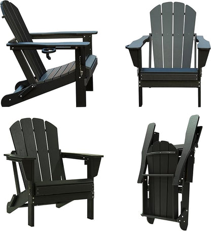 Domi Folding Adirondack Chair, HDPE Adirondack Chair with Cup Holder, Wooden Textured Fire Pit Chairs for Patio Backyard Lawn, Black