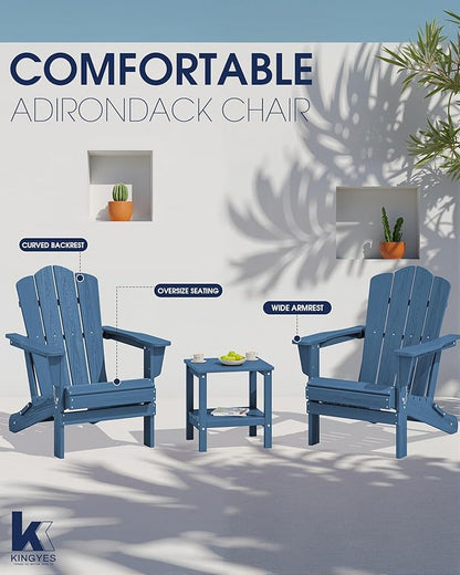 KINGYES Folding Adirondack Chair, HDPE All-Weather Patio Chairs, Wooden Textured Lawn Chair for Poolside, Backyard, Deck, Fire Pit, Navy