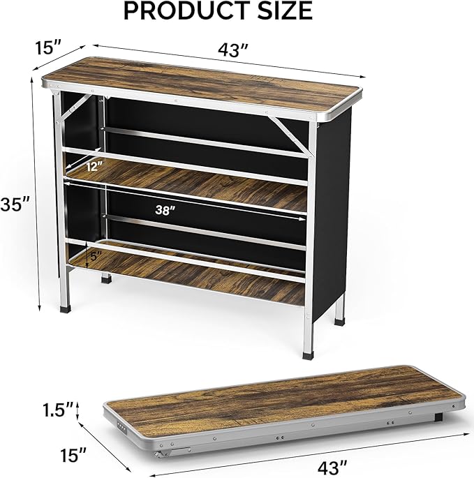 VINGLI 43" Portable Bar Table, 3-Tier Shelves, Carry Bag，Mobile Bar Table for Events, Party, Camping, Picnic, Tradeshow - Photo 3