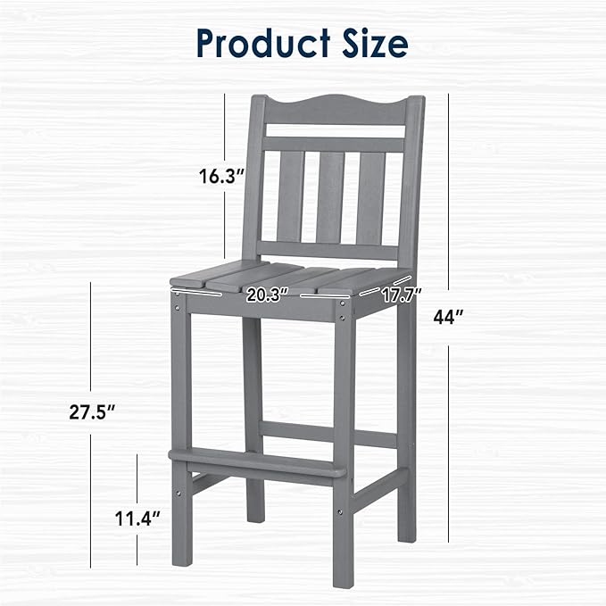 nalone Outdoor Bar Stool, HDPE Tall Adirondack Chair Bar Chair, Weather Resistance Bar Height Chairs for Balcony, Garden, Yard, Backyard (Grey, Bar Chair)