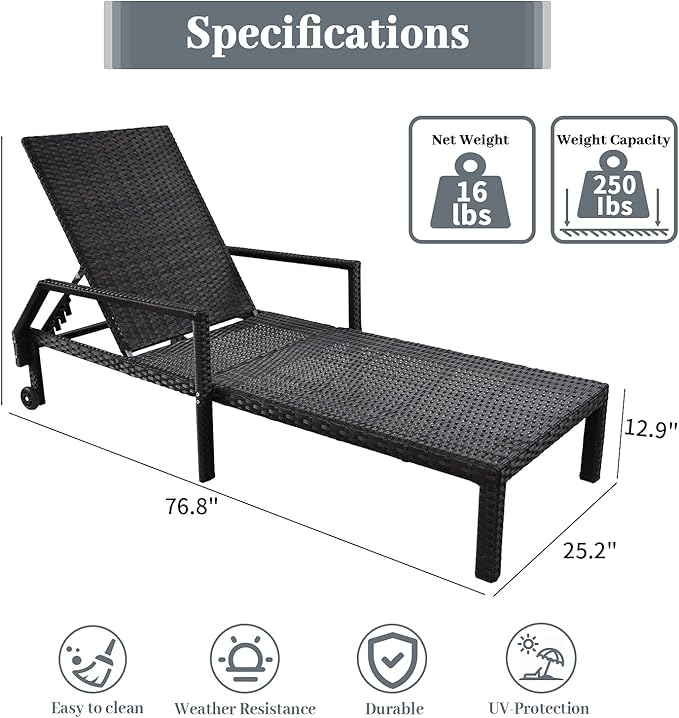 Outdoor Chaise Lounge Chair - Low-Maintenance, All-Weather Rattan Adjustable Recliner for Pool, Patio & Garden (2)