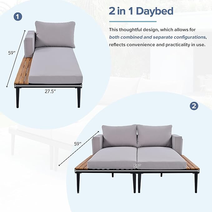 SOFTSEA Outdoor Daybed Patio Metal Frame Daybed with Wood Side Tables, 2-in-1 Convertible Chaise Lounges, Outdoor Loveseat Sofa Set with Cushions for Backyard, Poolside, Grey Natural