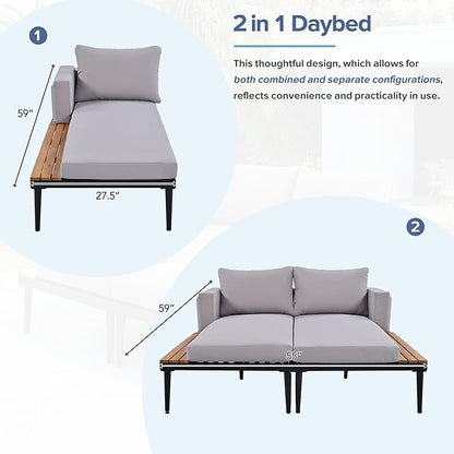 SOFTSEA Outdoor Daybed Patio Metal Frame Daybed with Wood Side Tables, 2-in-1 Convertible Chaise Lounges, Outdoor Loveseat Sofa Set with Cushions for Backyard, Poolside, Grey Natural