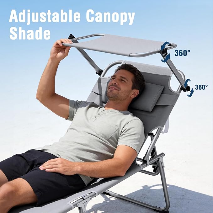 Unovivy Outdoor Lounge Chairs with Canopy Set of 2, Folding Tanning Chair with 5-Position Reclining Back - Photo 4