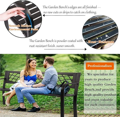 Patio Bench - Outdoor Metal Garden Bench with Armrests, 480lbs, Cast Iron, Sturdy Steel Frame, Black