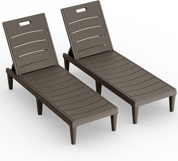 Greesum Outdoor Chaise Lounge Chair Set of 2, Waterproof 5-Position Adjustable PP Sun Loungers for Patio, Poolside, and Beach Sunbathing, Brown